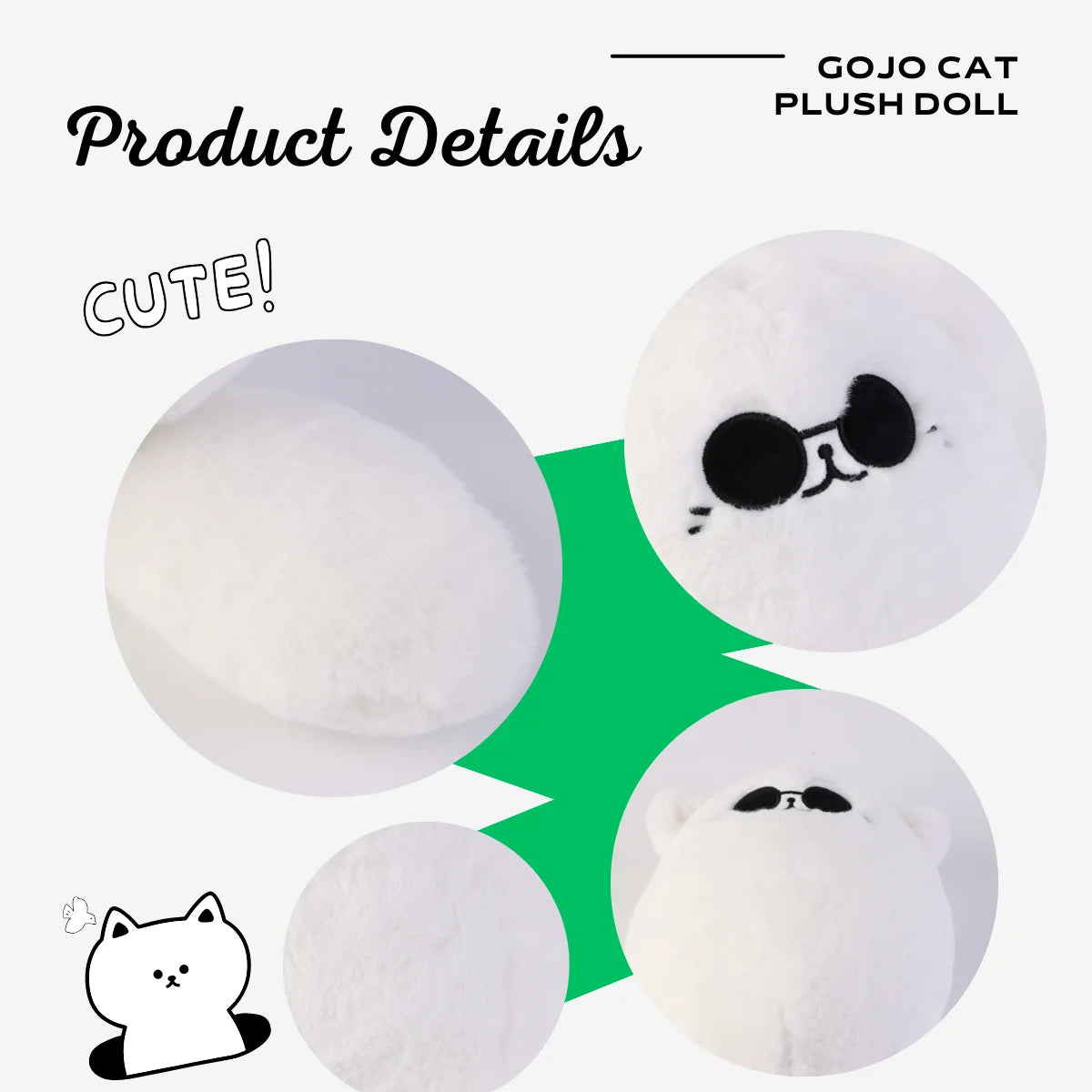 Gojo Cat Plush Pillow – Anime Sunglasses White Cat, 30cm